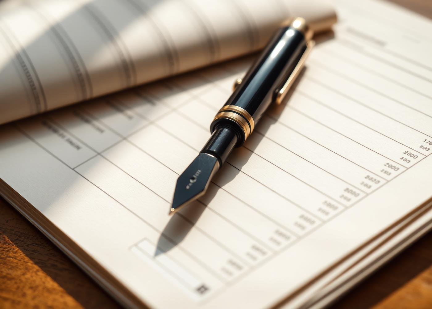 Fountain pen resting on a financial ledger